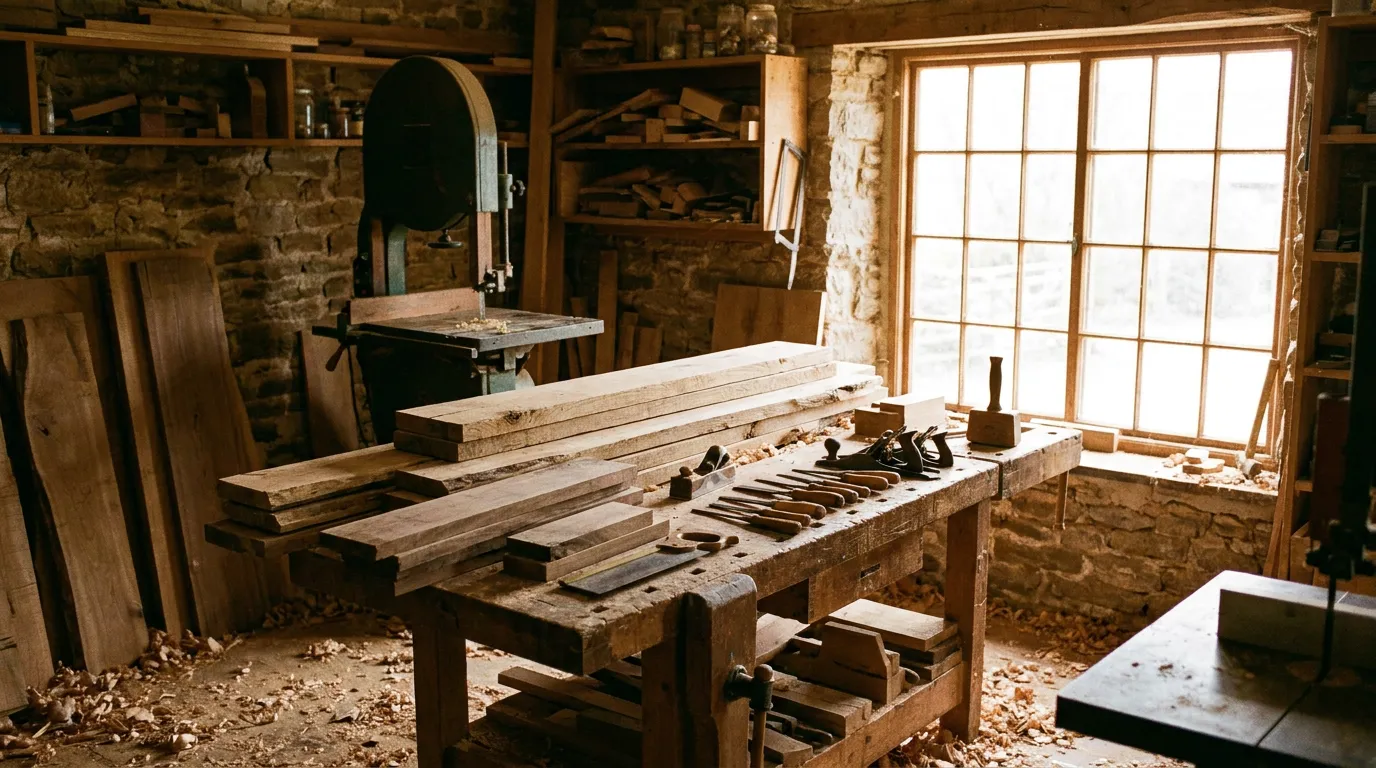 Atelier de menuiserie avec établi et bois massif